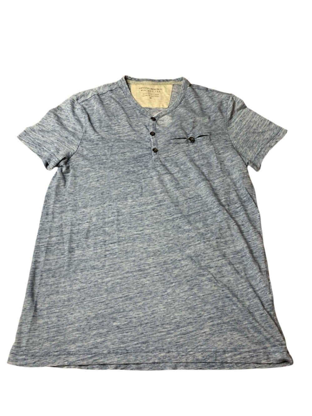 Banana Republic Linen Blend Henley Pocket Tee - Blue Heathered - Medium